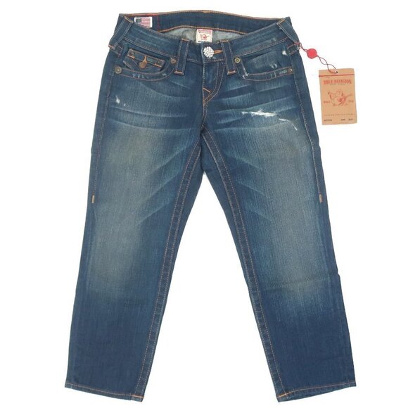 True Religion Lily Reclaimed Skinny Cropped Crystal Button Jeans Sz 26 NWT $277 - Picture 2 of 7